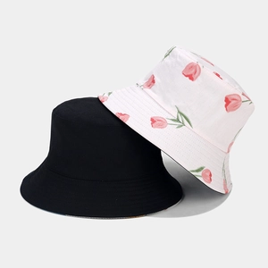 Chapeau bob réversible en coton avec motif floral et noir uni pour protection solaire d'été
