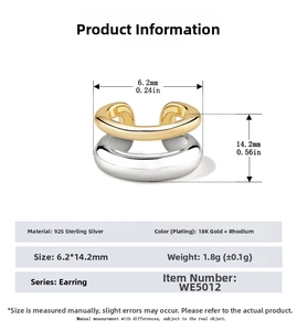 Detail view of S925 sterling silver double-layer ear cuff with dimensions 6.2mm by 14.2mm