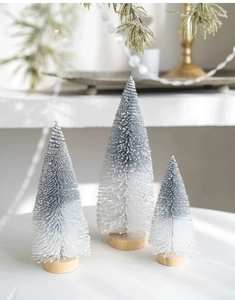 Three-piece frosted mini Christmas trees with white gradient tips and wood bases