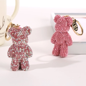 Sparkling crystal bear keychains with pink and iridescent rhinestones on golden hooks