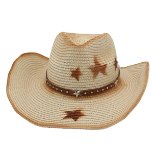 Western straw cowboy hat with brown star prints and studded faux leather band