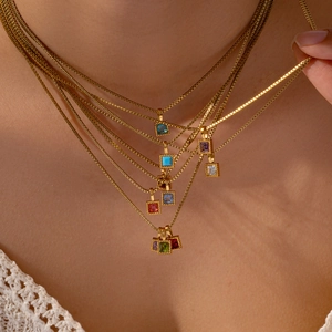 Square Cubic Zirconia Birthstone Pendant Necklace Stainless Steel 18K Gold Plated Box Chain Elegant Jewelry For Women