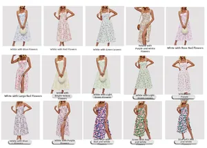 Collage of floral midi dresses with side slits and spaghetti straps in fifteen colors