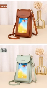 Detail view of multi-functional crossbody phone bags in brown and light green leather