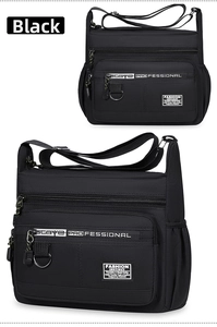 Detail of black waterproof nylon crossbody bag with multiple zipper pockets and side mesh