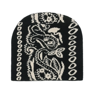 Bonnet en tricot d'hiver avec motif floral paisley vintage noir et blanc imprimé
