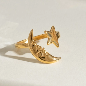 Adjustable 18k gold-plated celestial star and moon stainless steel ring for women