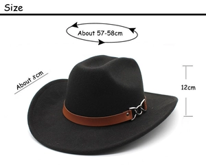 Size details of black wool fedora featuring 8cm brim and brown leather strap with chain