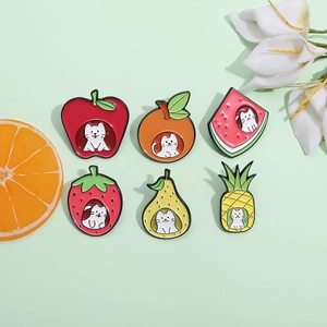 Cute Cartoon Fruit Cat Enamel Pin Zinc Alloy Animal Brooch Set For Backpack Jacket Strawberry Watermelon Pineapple Apple Pear Orange Pins Fashion Jewelry