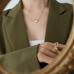 Crescent Moon Pendant Necklace And Earring Studs 18K Gold Plated Stainless Steel White Shell Inlaid Jewelry For Women