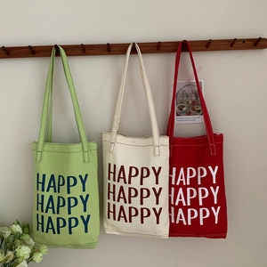 Canvas Shoulder Tote Bag For Women With Letter Print Happy Magnetic Closure Simple Casual Versatile Daily Shopping Commute