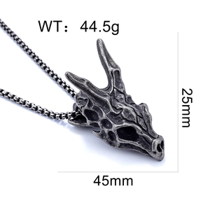 Detailed specs of dragon bone skull pendant: 45x25mm size and 44.5g weight on white background