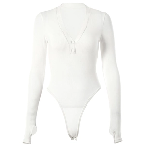 White V-neck ribbed knit bodysuit with long sleeves, button detail and thumb holes