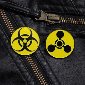 Detail of yellow biohazard and chemical warning badges on a black leather jacket