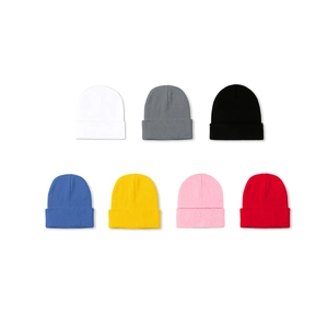 Classic knitted beanie hats in seven solid colors featuring ribbed texture and wide cuffs