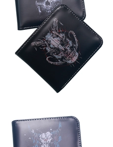 Detailed comparison of bi-fold skull print wallets in black and navy leather textures