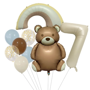 Teddy bear and rainbow balloon set with cream number 7 for birthday party decor