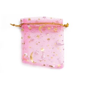 Pink organza jewelry pouches with gold star and moon patterns for gift packaging
