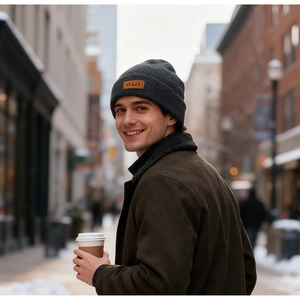 Close-up of dark grey ribbed knit beanie with leather logo patch on an outdoor street
