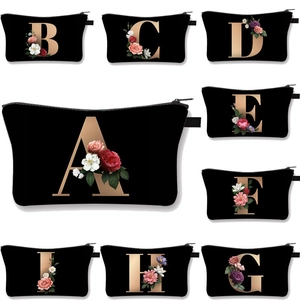 Alphabet Gold Letter Floral Print Cosmetic Bag Polyester Velvet Travel Makeup Pouch Portable Zipper Organizer