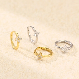 Minimalist S925 silver clover hoop earrings in gold and silver finish with clear crystals