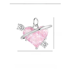 Detailed parameter view of pink heart planet pendant in copper and zircon with dimensions