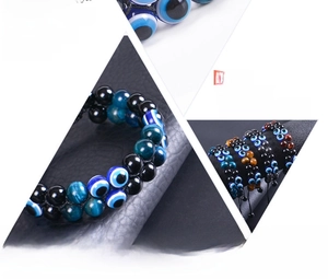 Dettagli del bracciale doppio strato con occhio del diavolo, occhio di tigre blu e pietre nere