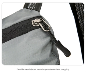 Macro shot of durable silver zipper and ripstop nylon fabric on the gray cycling backpack