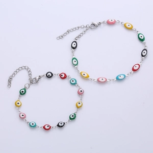 Silver stainless steel evil eye bracelet with colorful enamel beads and lobster clasp