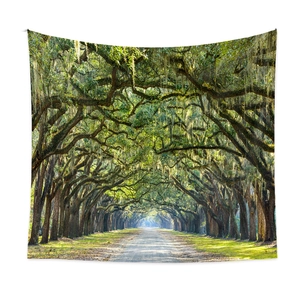 Detail of forest tapestry showing oak trees with Spanish moss and sunlight texture