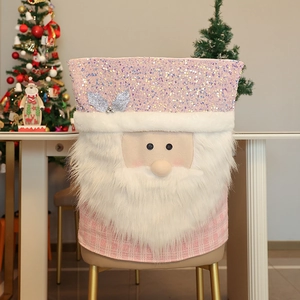 Pink Santa Claus chair cover with sequins and white faux fur beard for Christmas home decor