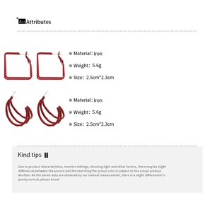 Detailed view of red geometric C-shaped earrings with product size and weight specs