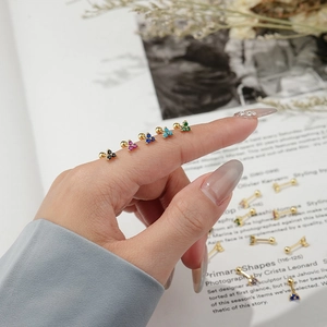 S925 sterling silver mini triangle earrings with colorful cubic zirconia in gold finish
