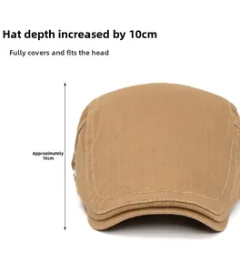 Detail of khaki cotton newsboy cap showing the 10cm depth and fine stitching quality