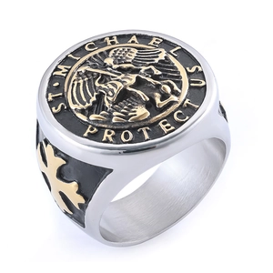Vintage St. Michael Protect Us stainless steel signet ring for men in two-tone finish
