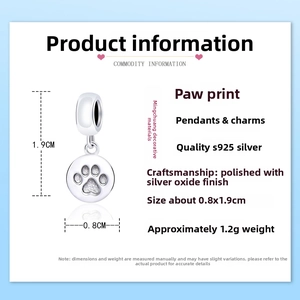 Detailed specs of S925 sterling silver paw print pendant with 0.8x1.9cm dimensions