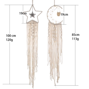 Handmade bohemian cotton macrame wall hanging with moon and star owl dreamcatchers
