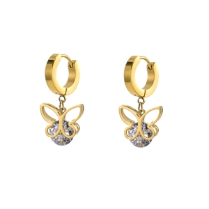 Elegante goldene Schmetterlingsohrringe mit Zirkonia-Stein auf weißem Hintergrund