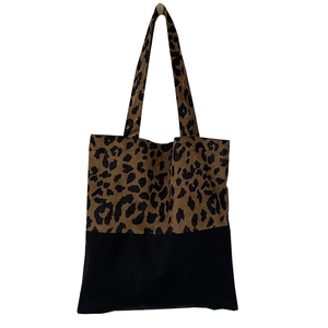 Leopard print canvas tote bag with black splicing and high capacity for daily use