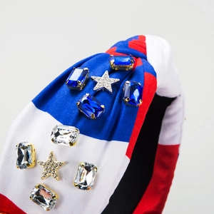 Serre-tête noué drapeau américain avec strass rouges, blancs, bleus et étoiles décoratives