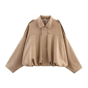 Women's khaki suede-texture pilot jacket with lapel collar and baggy cropped fit