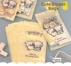 Close-up of matte cartoon puppy resealable bags for stationery and snack storage