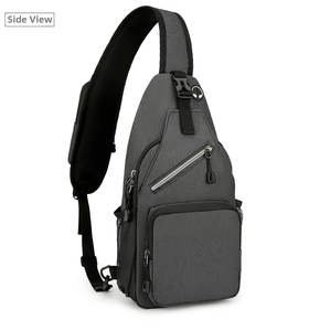 Detail view showing multi-pocket structure and durable gray fabric of the crossbody bag