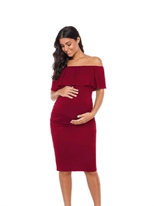 Vestito Premaman Spalle Scoperte Volant Lati Arricciati Aderente Tinta Unita Poliestere Elastan Elegante Gravidanza
