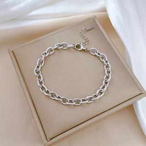 Detail of vintage silver titanium steel chain bracelet with lobster clasp on jewelry box