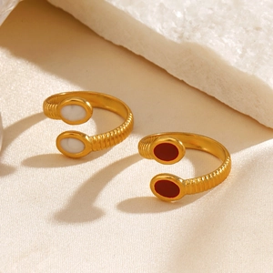 Golden stainless steel adjustable rings with marble white and reddish-brown oval stones