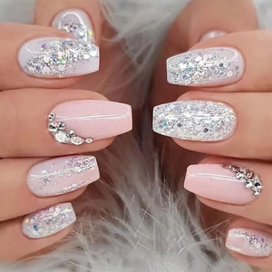 Pink White Color Block Press On Nails With Rhinestone Silver Glitter Ballerina Coffin False Nails For Women Nail Art Decoration