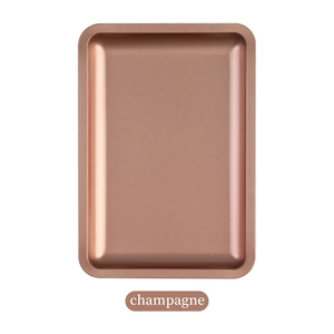 Detailed top view of a champagne gold rectangular stainless steel metal organizer tray