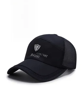 Detail of black outdoor sport hat with breathable mesh and classic shield embroidery