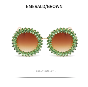 Front view of emerald frame sunglasses with brown gradient lenses and crystal rhinestones